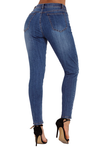 Medium Blue Wash Roll-up Cuff Distressed Jeans