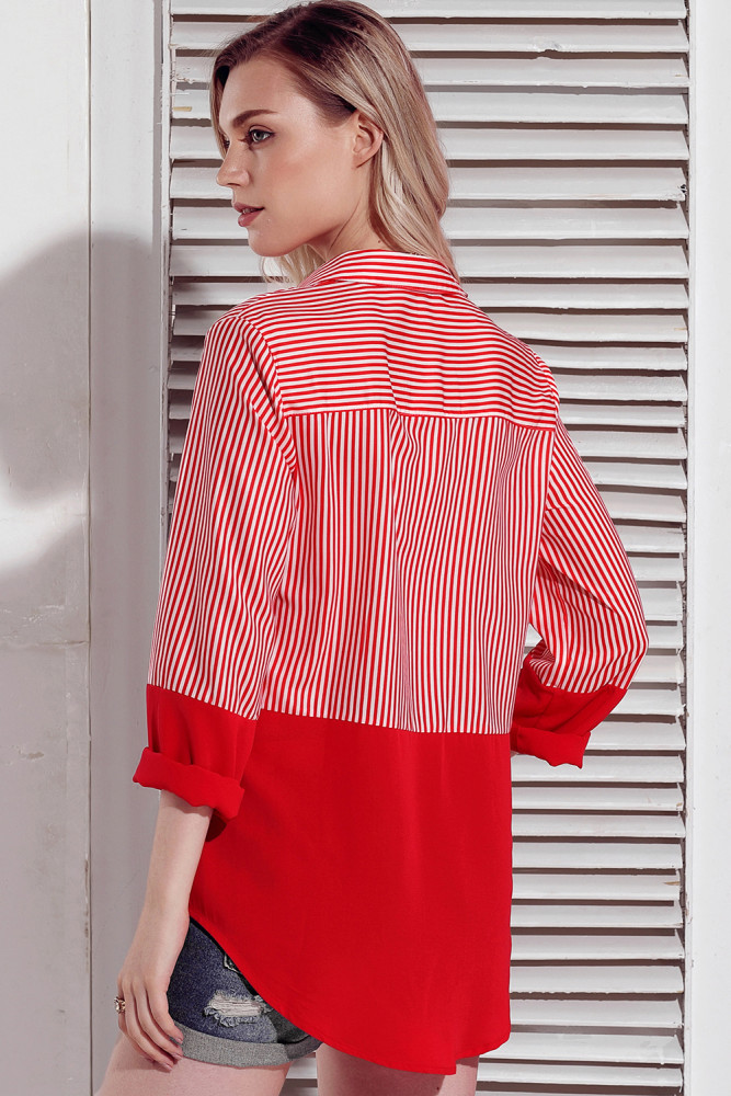 Red Pinstripe Color Block Relaxed Boyfriend Shirt