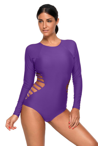 Dark Purple Long Sleeve Strappy Hollow-out One-piece Surf Swimsuit