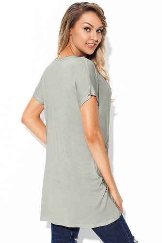 Gray Short Sleeve Hi Lo Top with Twist Front Detail
