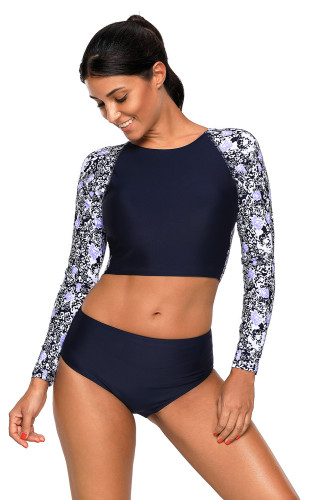 Navy Blue Surf Rashguard Protection Swimming Raglan Sleeve Swimsuit