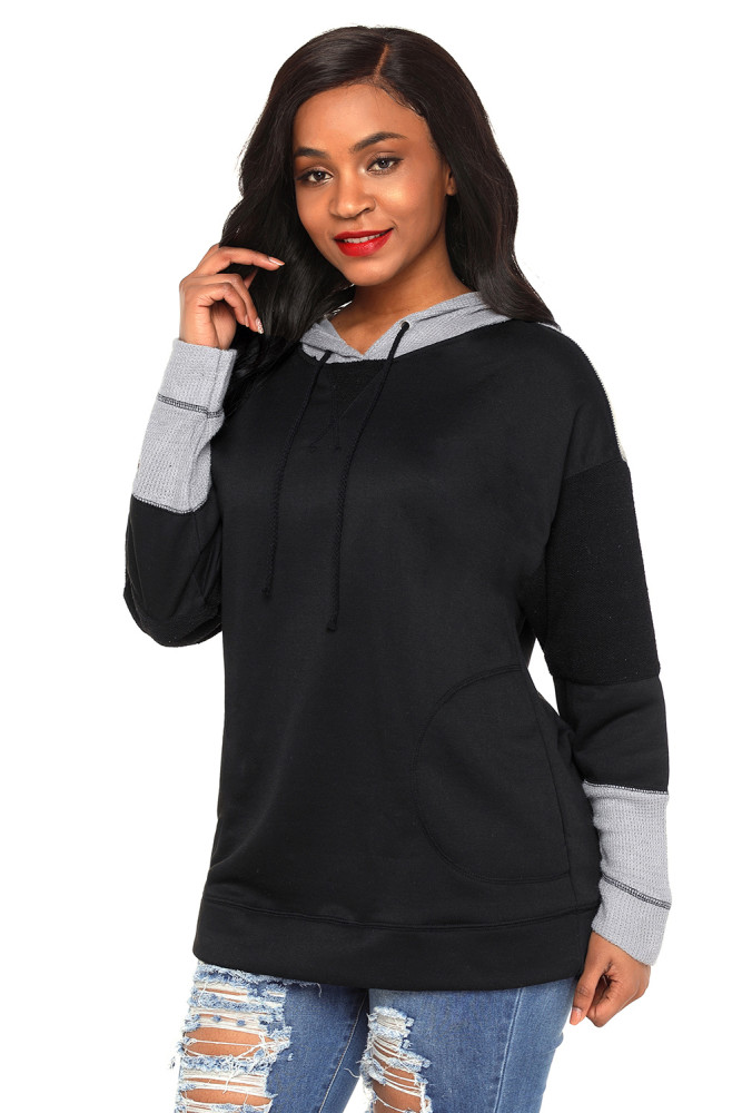 Waffle Knit Splice Black Pocket Hoodie