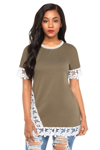 Delicate Lace Trim Olive Short Sleeve Top