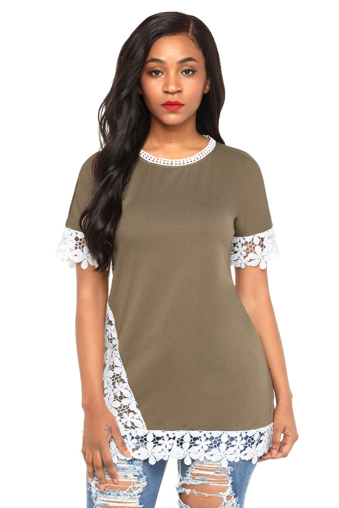 Delicate Lace Trim Olive Short Sleeve Top