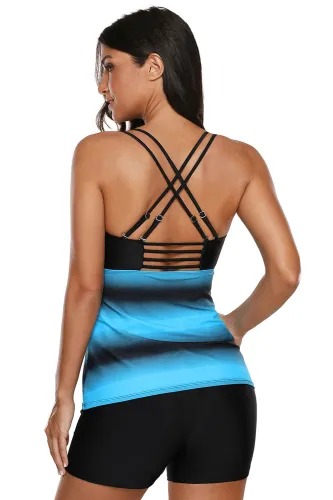 Blue Black Ombre Print Strappy Tankini and Short Set