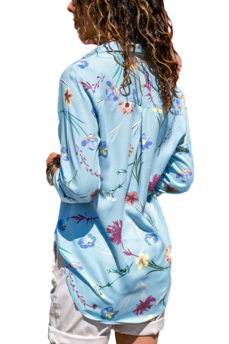 Light Blue Long Sleeve Floral Print Button Front Shirt