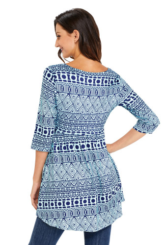 Tribal Geometric Print Blue Elegant Long Top