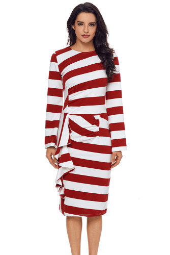 Burgundy Striped Ruffle Side Back Slit Long Sleeve Midi Dress