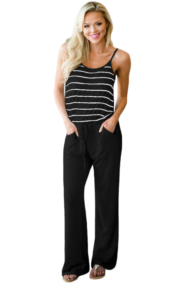 Black Striped Spaghetti Tank Drawstring Jumpsuit