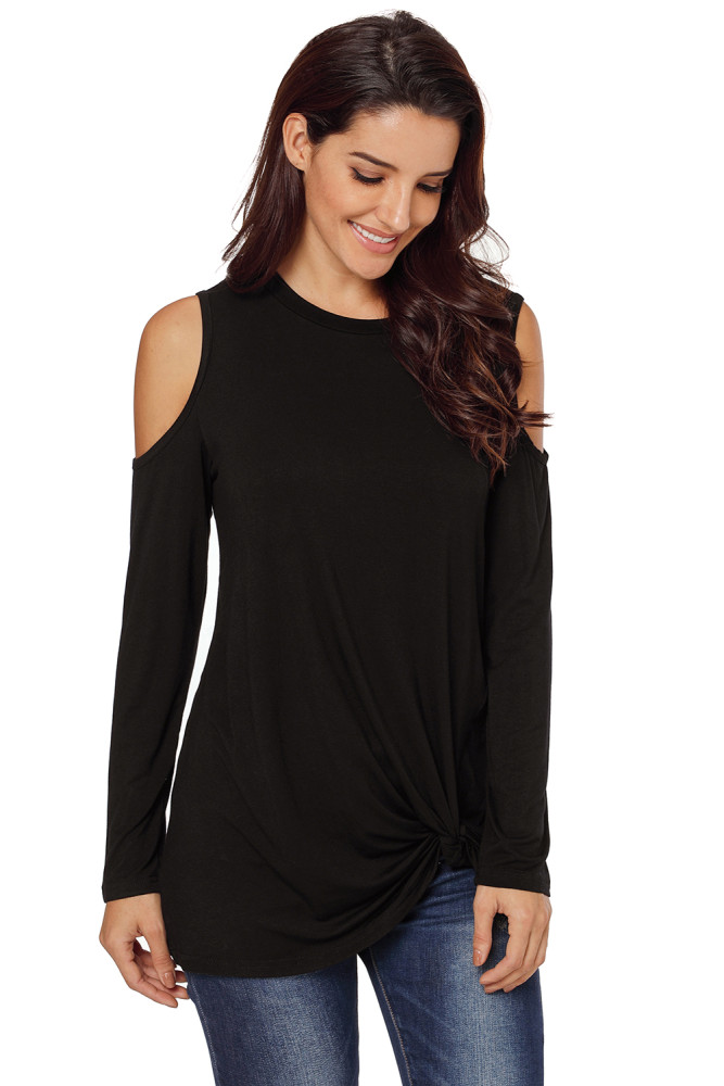 Black Cold Shoulder Knotted Hem Blouse Top