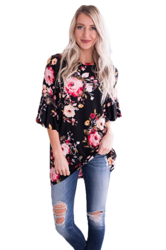 Mid Length Bell Sleeve Black Pink Floral Blouse