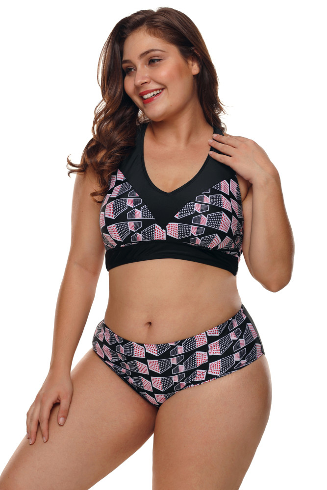 Plus Size Geometry Cross Back Bikini Swimsuit