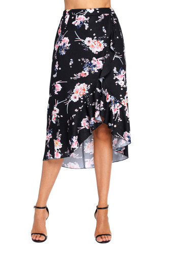 Floral Ruffle Wrap Skirt in Black