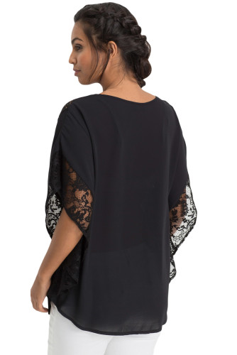 Black Lace Splice Batwing Sleeve Chiffon Blouse