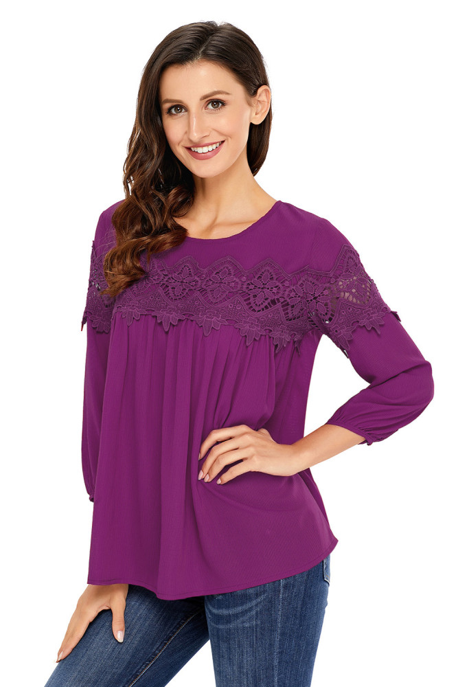Purple Crochet Detail Long Sleeve Babydoll Top