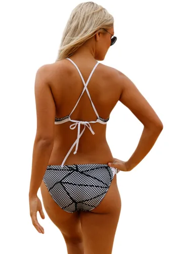Fishnet Mesh Patchwork Black White Lace up Tankini