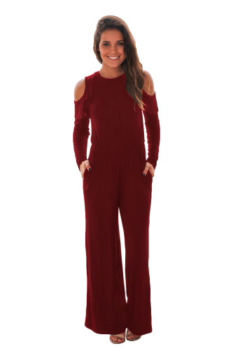 Burgundy Ruffle Cold Shoulder Long Sleeve Jumpsuit