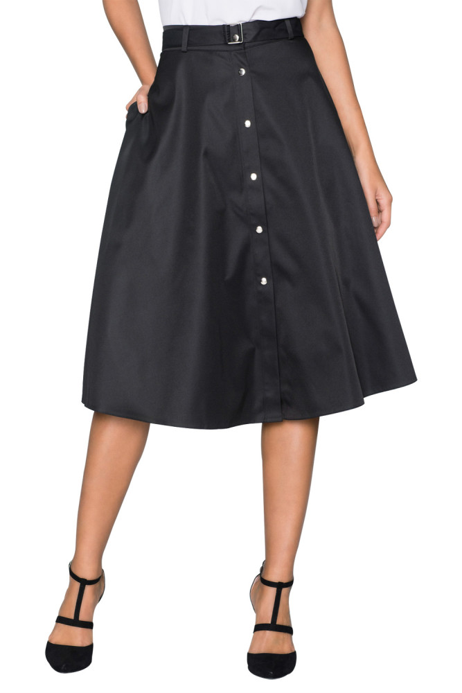 Elegant Retro Style Buttons Front Flared Midi Skirt in Black