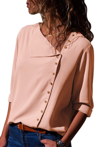 Pink Turndown Collar Asymmetric Button Down Blouse