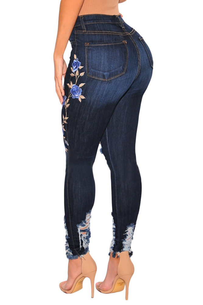 Dark Denim Embroidered Floral Destroyed High Waist Skinny Jeans