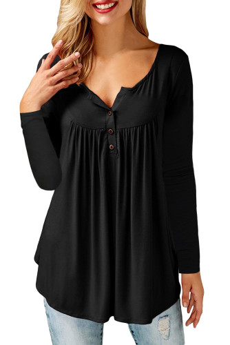 Black Long Sleeve Button up Pleated Tunic