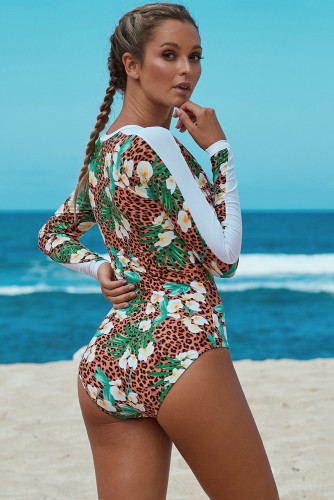 Floral Print Accent Leopard Long Sleeve One Piece Swimsuit