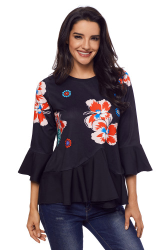 Cute Flowery Print Black Bell Sleeve Peplum Top
