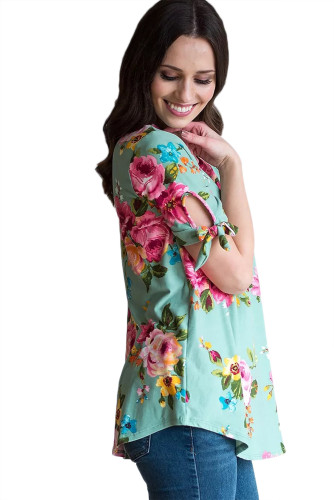 Grassy Floral Print Tie Detail Short Sleeve Blouse