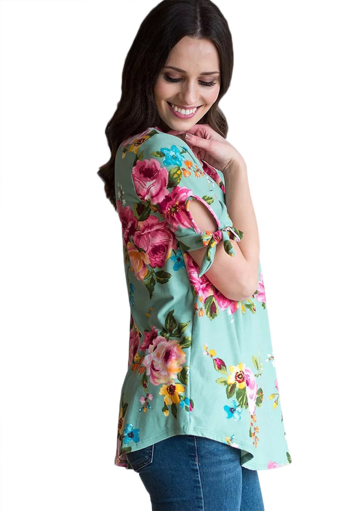 Grassy Floral Print Tie Detail Short Sleeve Blouse