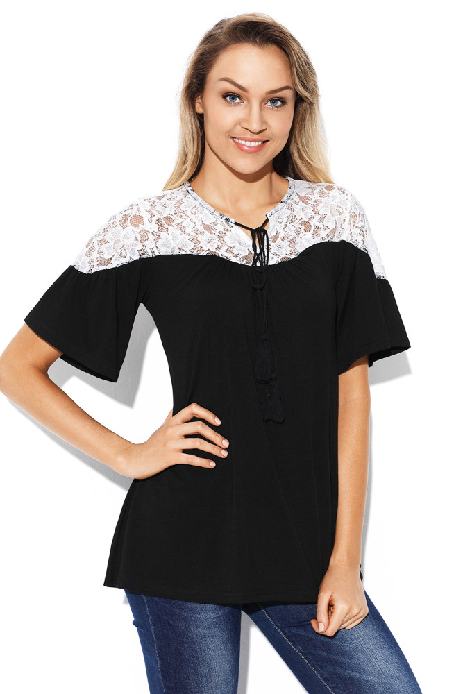 White Lace Splice Black Short Sleeve Blouse
