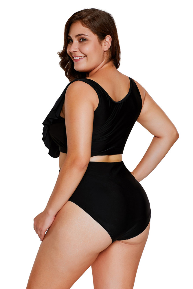 Black Frill Tankini Crisscross High Waist Swimsuit
