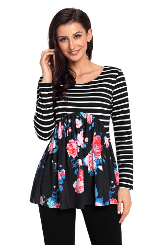 Navy Blue Floral Striped Babydoll Tunic
