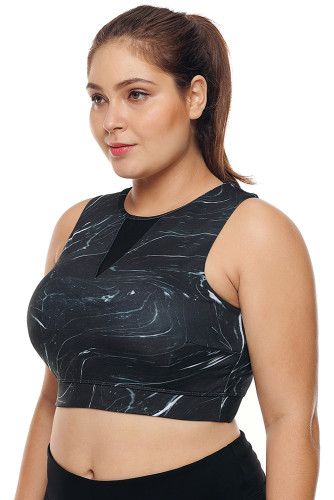 Black Mesh Insert High Neck Plus Size Sport Bra