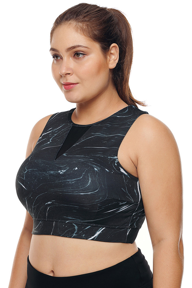 Black Mesh Insert High Neck Plus Size Sport Bra
