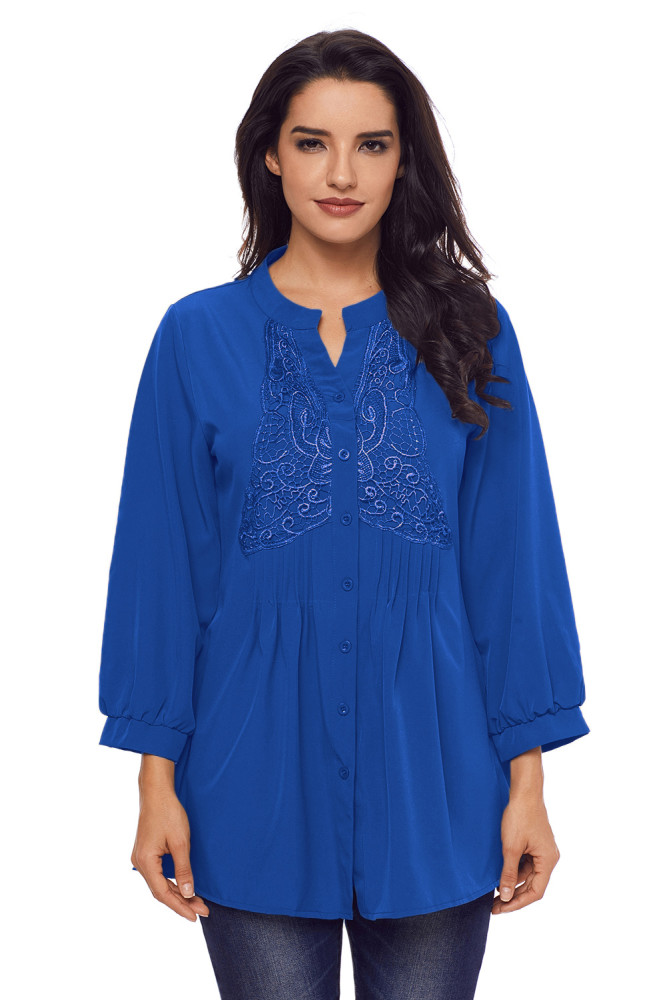 Blue Lace and Pleated Detail Button up Blouse