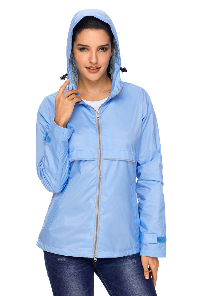 Light Blue Women Zipper Lapel Suit Blazer with Foldable Sleeve