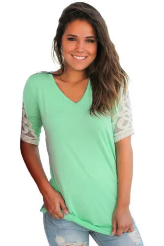 Mint Ruched Top with Crochet Detail