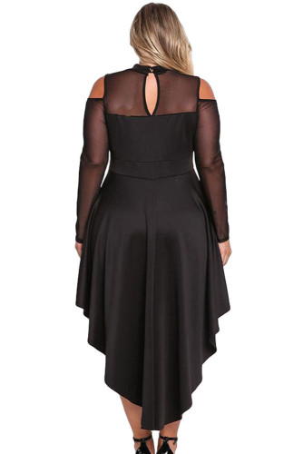Black Sheer Mesh Trim Hi-Lo Peplum Bodycon Dress