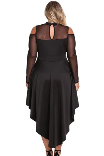 Black Sheer Mesh Trim Hi-Lo Peplum Bodycon Dress