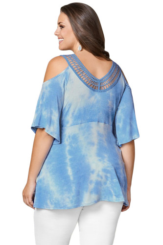 Blue Cold Shoulder Tie Dye V Neck Top