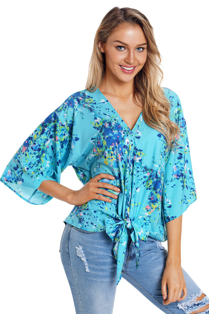 Turquoise Flowerlet Print Tie Front Kimono Sleeve Blouse