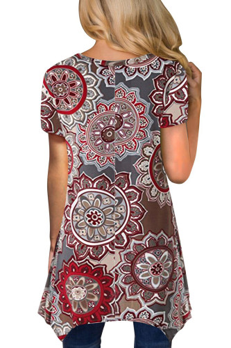 Taupe Boho Floral Irregular Hem Short Sleeve Blouse