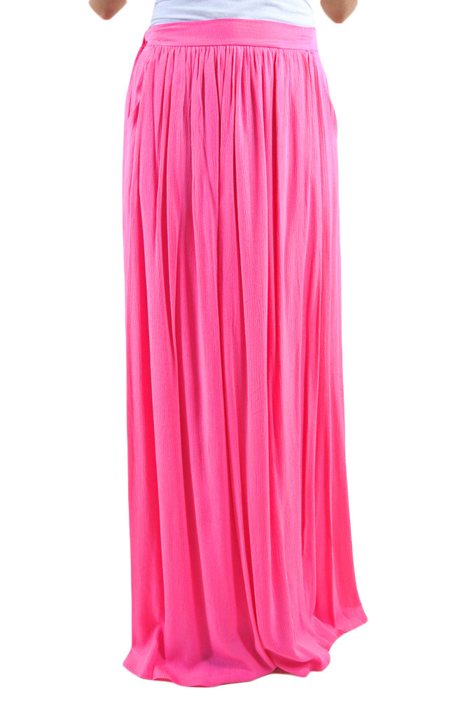 Rosy Elastic Waist Pleated Gauze Maxi Skirt with Lining