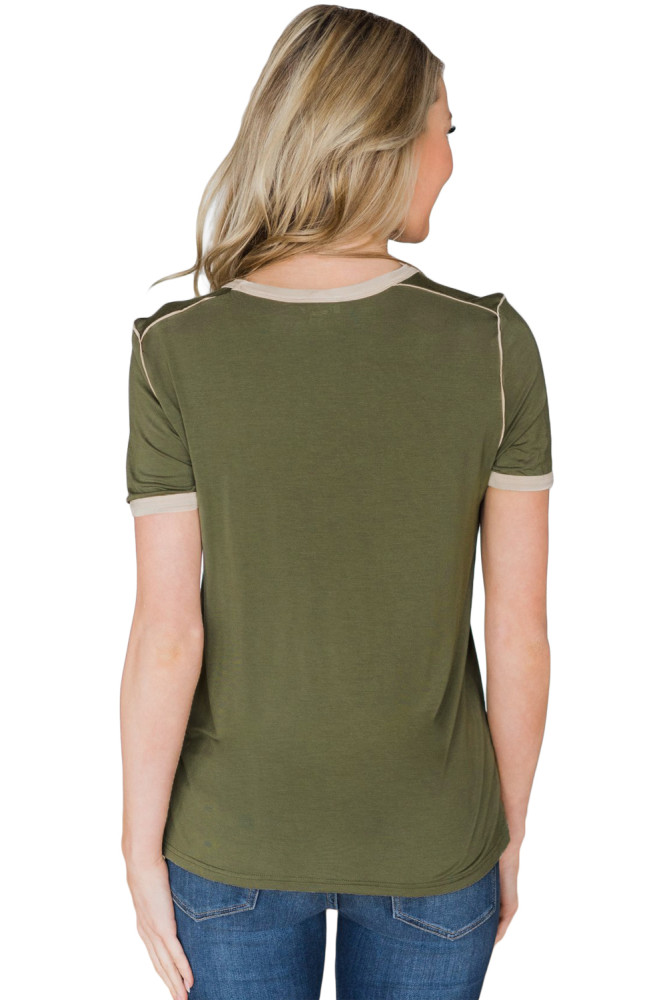 Olive Simple Trim Classic Preppy Tee