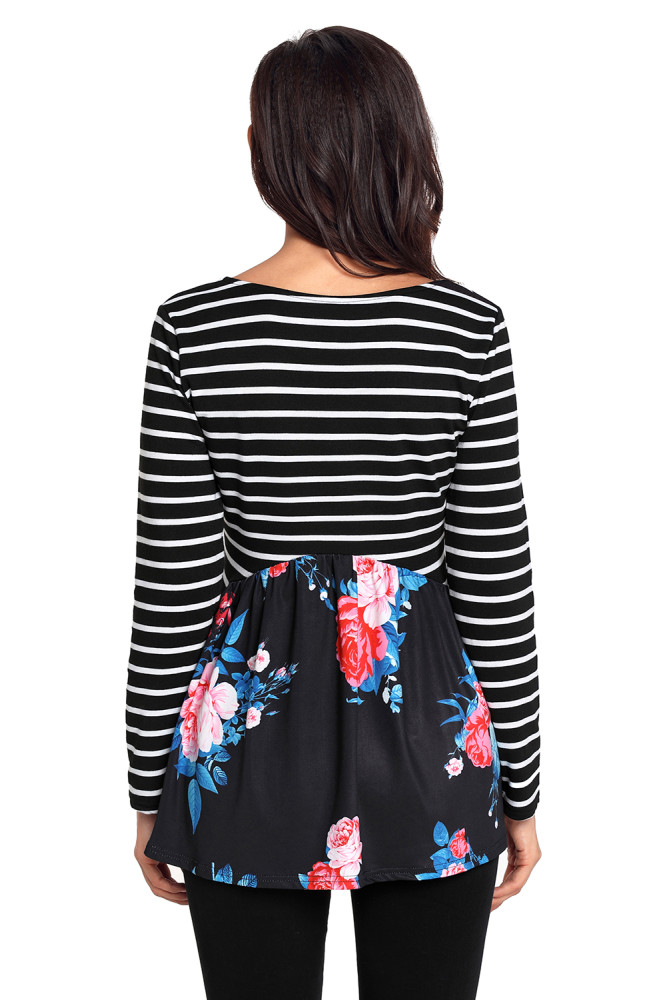 Navy Blue Floral Striped Babydoll Tunic