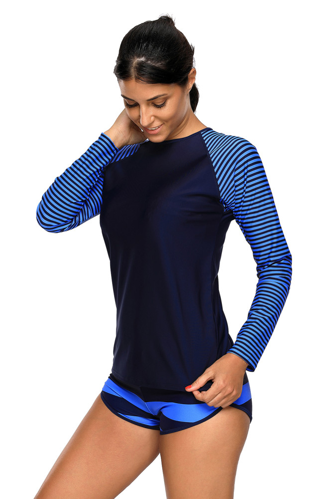 Navy Stripes Long Sleeve Rashguard Tankini Swimsuit