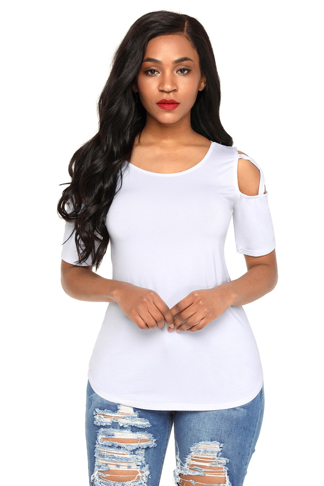 White Crisscross Cold Shoulder Short Sleeve Shirt