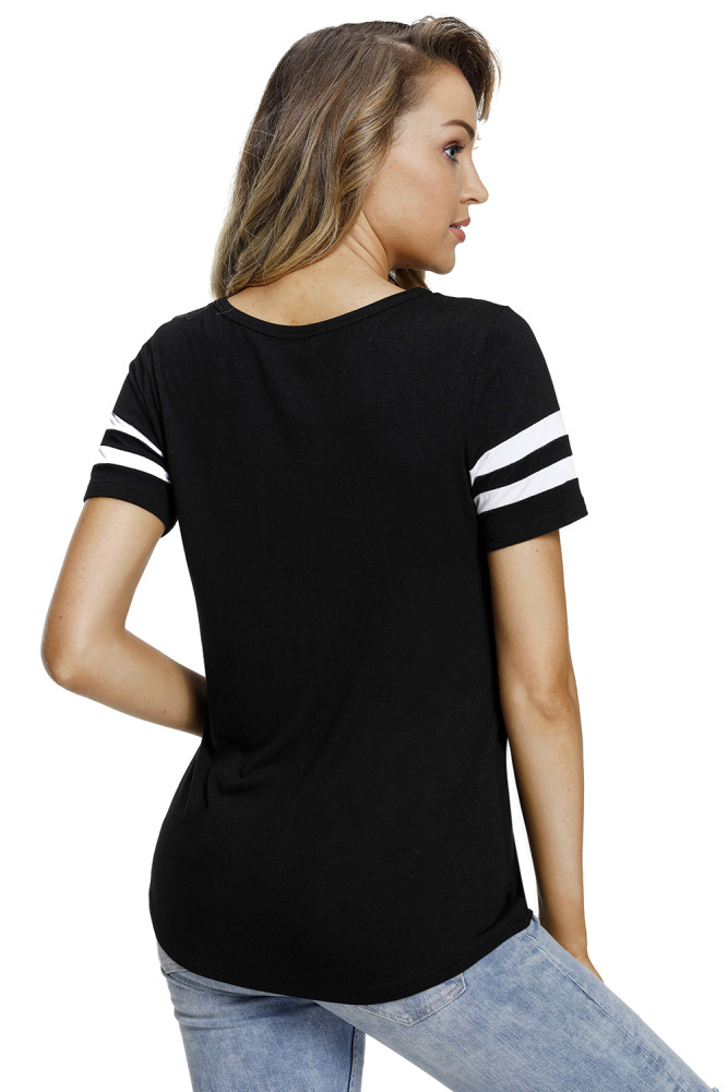 Varsity Striped Short Sleeve Black V Neck T-shirt