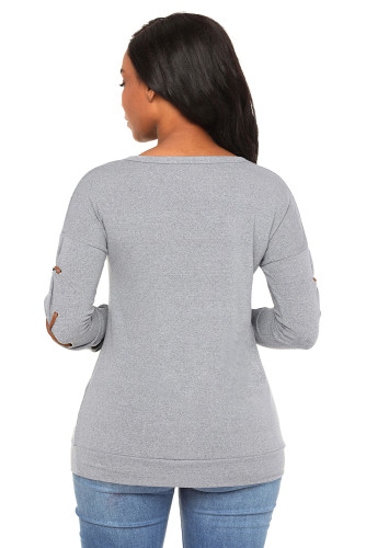Gray Lace up Sleeve Front Pocket Womens Casual Sweatshirt