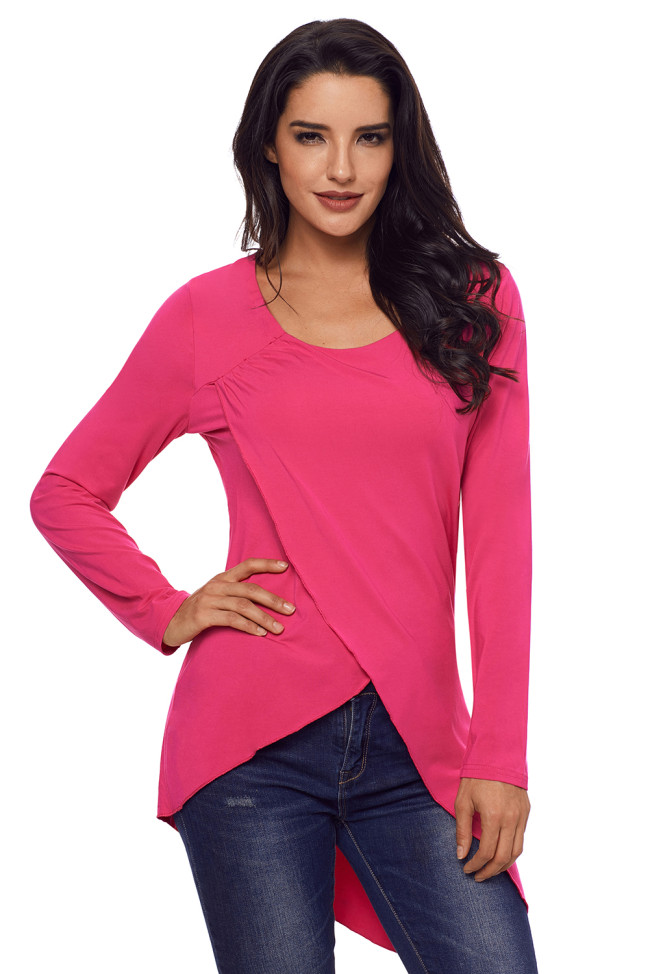 Rose Red Faux Wrap Irregular Hemline O Neck Shirt